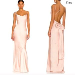 NWT NBD Greer Open Back Maxi Dress Sz S Rose Champagne Satin Bow Gown REVOLVE